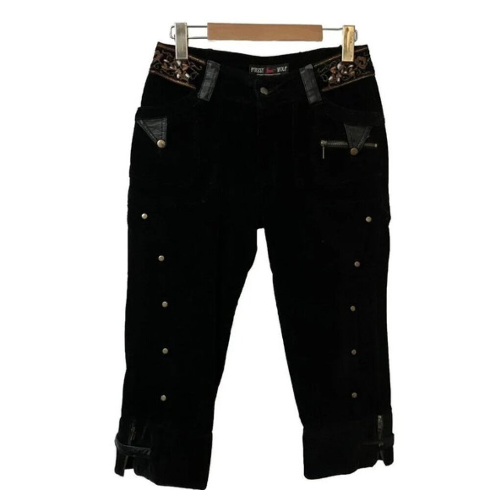 Y2K Forest Wolf Black Corduroy Faux Leather Detail Capri Pants